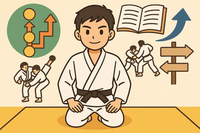 young Japanese boy in judogi with black belt representing judo progress and future path