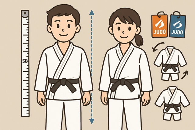 Japanese middle school students selecting proper judo gi size illustration